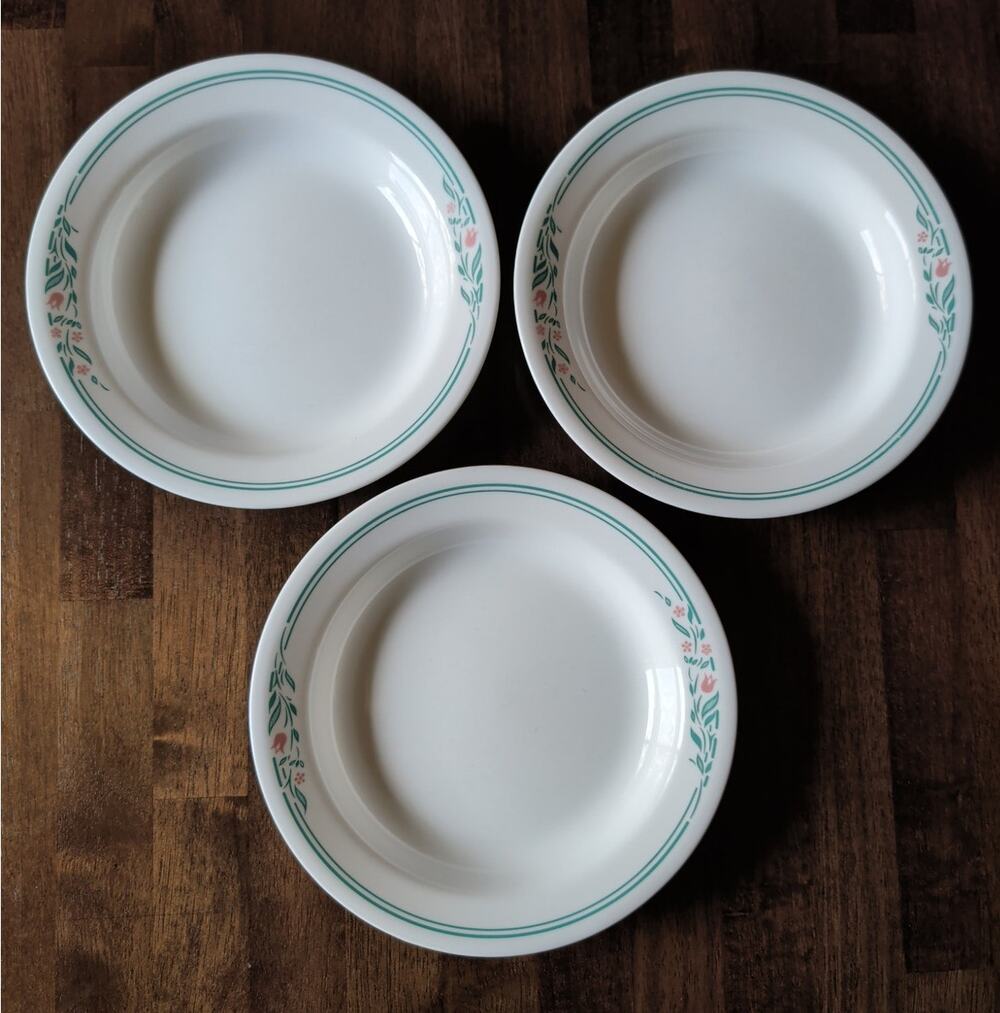 Set 3 Corelle Rimmed Soup Bowls Rosemarie Pattern Pink Tulips Green White 8.5 in